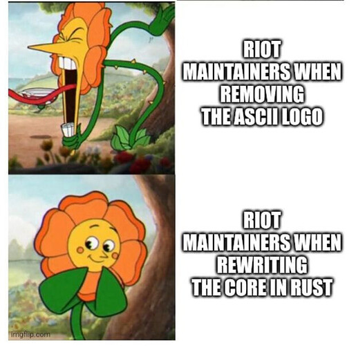 Cagney Carnation Meme with the yelling version reading "RIOT maintainers when removing the ASCII logo" and the innocent version reading "RIOT maintainers when rewriting the core in Rust"